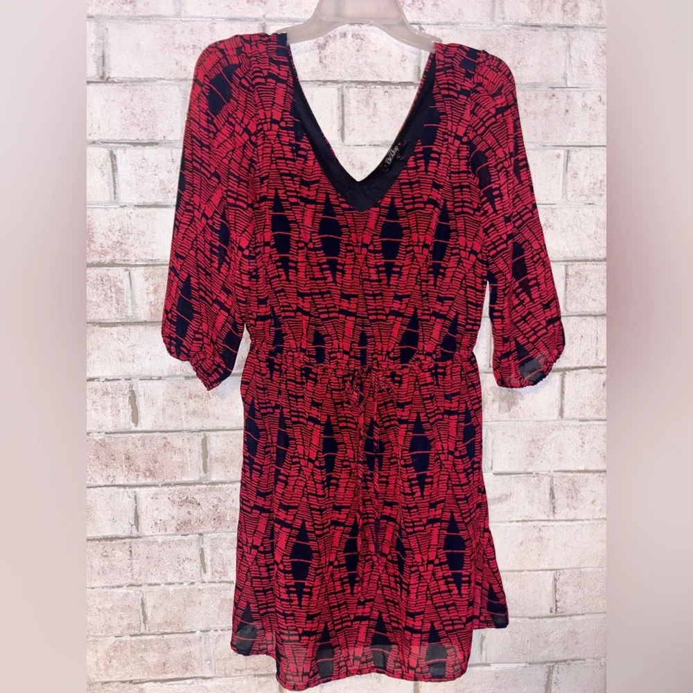 BeBop Dress Medium Red Navy V Neck 3/4 Sleeve Sheer Office Chic Professional